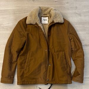 Zara Men's Tan Jacket with Shearling Collar